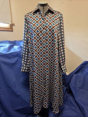 Zara Blue and Brown Geometric Long Sleeve Dress
